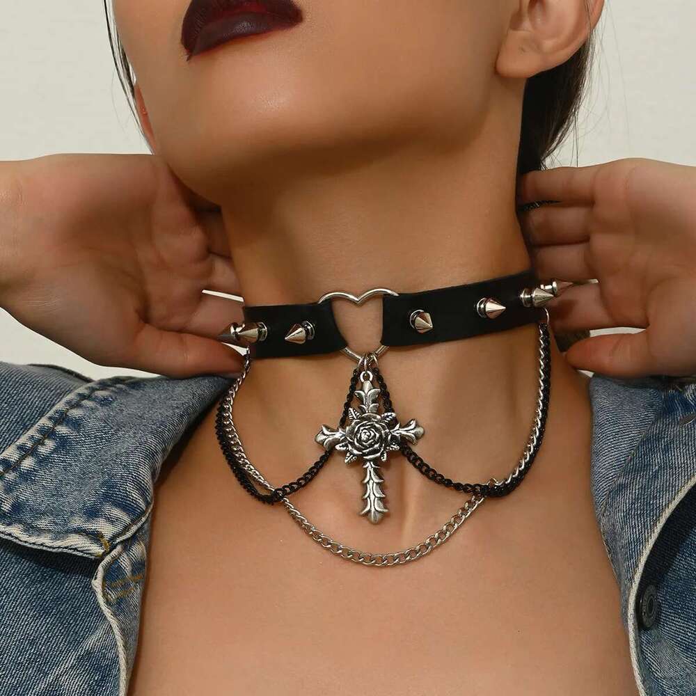Y2K Punk Style Cross Choker Collar Exaggerated Personality Design Sense Tassel PU Necklace Sweet Cool Babes Accessories
