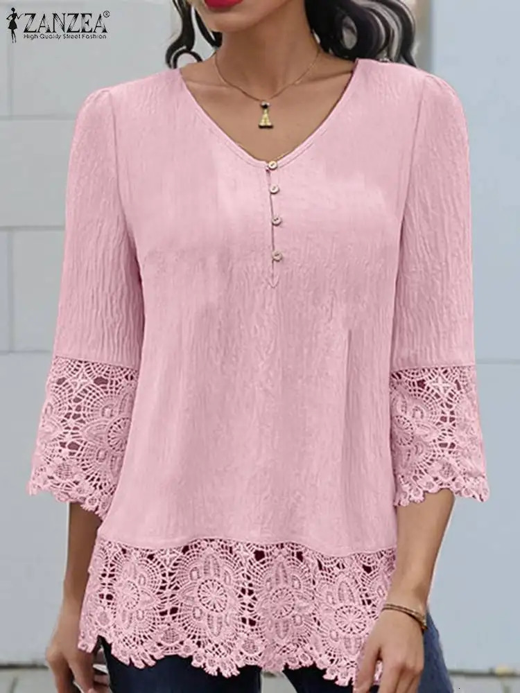 ZANZEA Korean Fashion Casual Blouses V Neck Solid Color Lace Patchwork 34 Sleeve Shirt Tops Autumn Elegant Women Blusas 250514