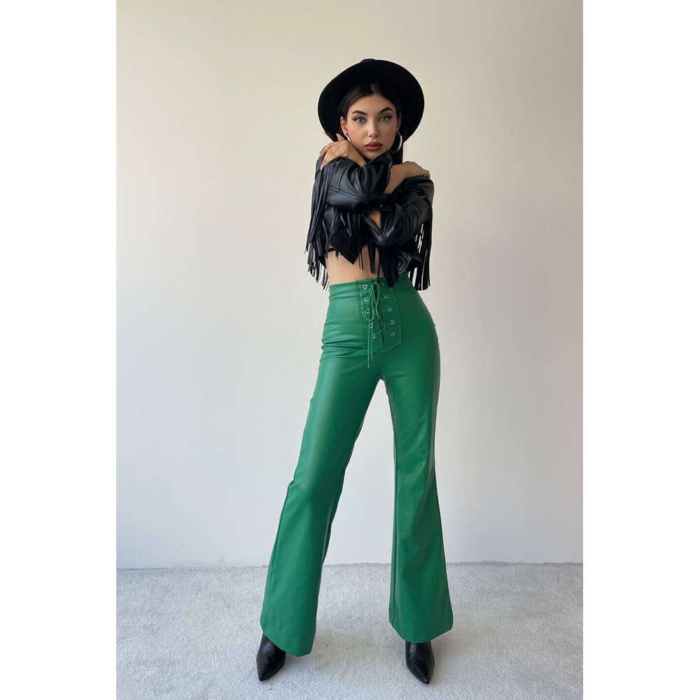 Women Pants 2025 Autumn Winter Fashionable and Sexy High Waisted Flared Leather Pants Womens Pants Hot Style Solid Color Printing All-match Model