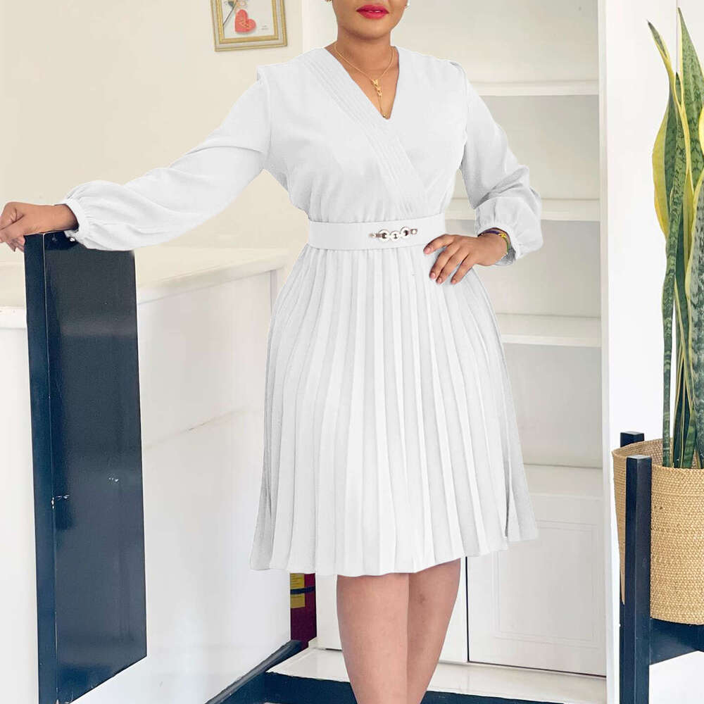 Women's Wear Women's Wear Spring New OL Temperament V-Neck Fashionable Pleated High Waisted Dress