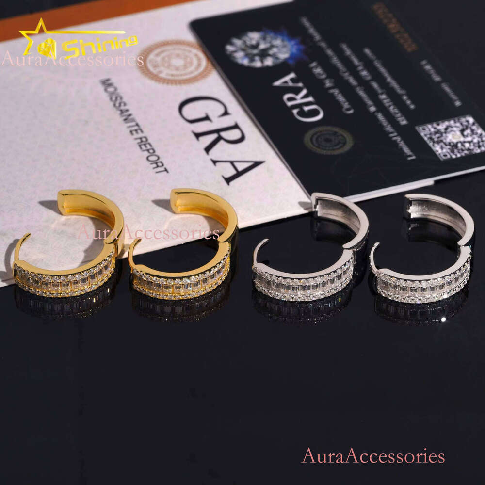 Fine Jewelry Sier Hip Hop Gold Plated Iced Out Baguette Moissanite Dia Hoop Earrings