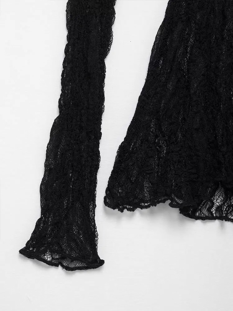 TRZA Womens Sexy Fashion SemiSheer Lace Blouse ONeck Long Sleeve Chic Top Female Shirt 250514