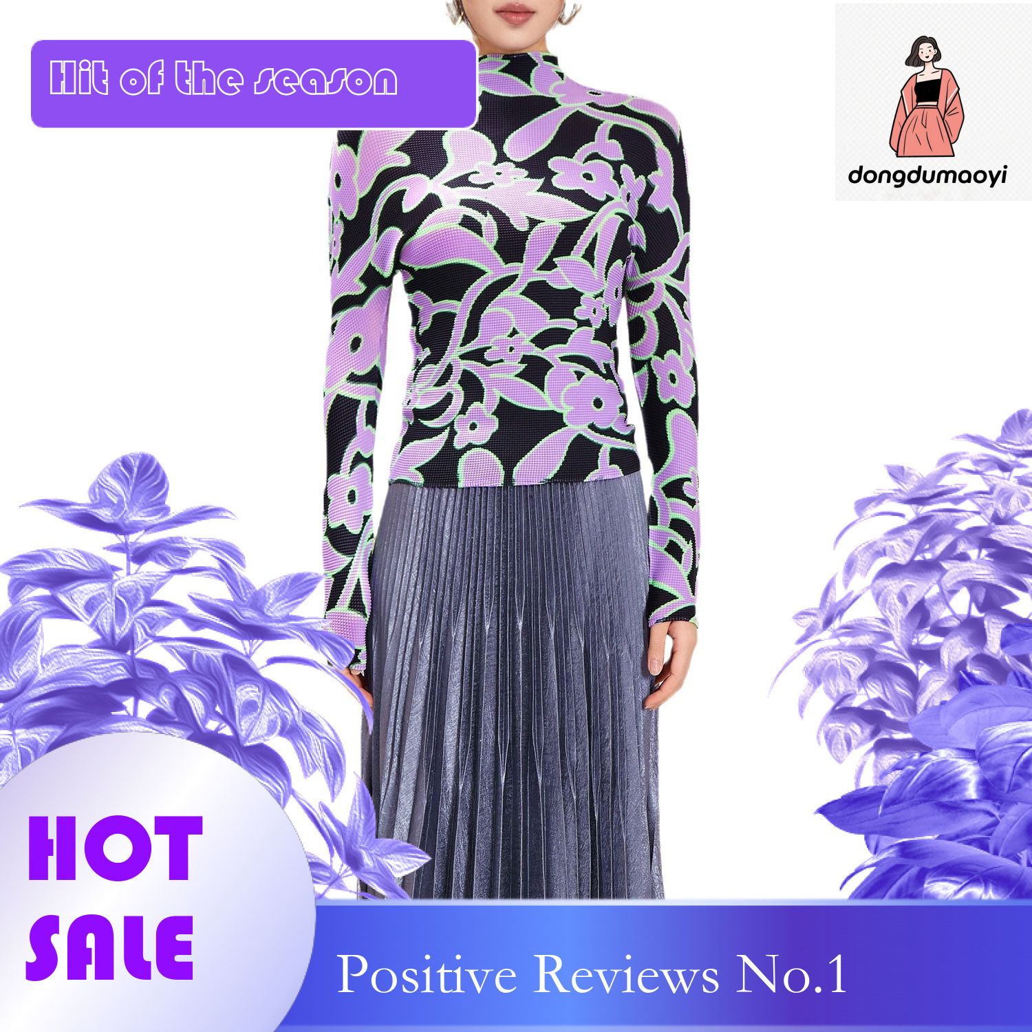 dongdumaoyi Elastic slim fit slimming long sleeved pleated T-shirt base, new Miyake semi high neck printed top for women