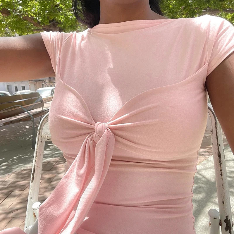 Summer Womens Tshirt Sweet Fashion Pink Cropped Top Sexy Lady Corset ONeck Bodycon Basic Simple Versatile Tees Bandage 250514