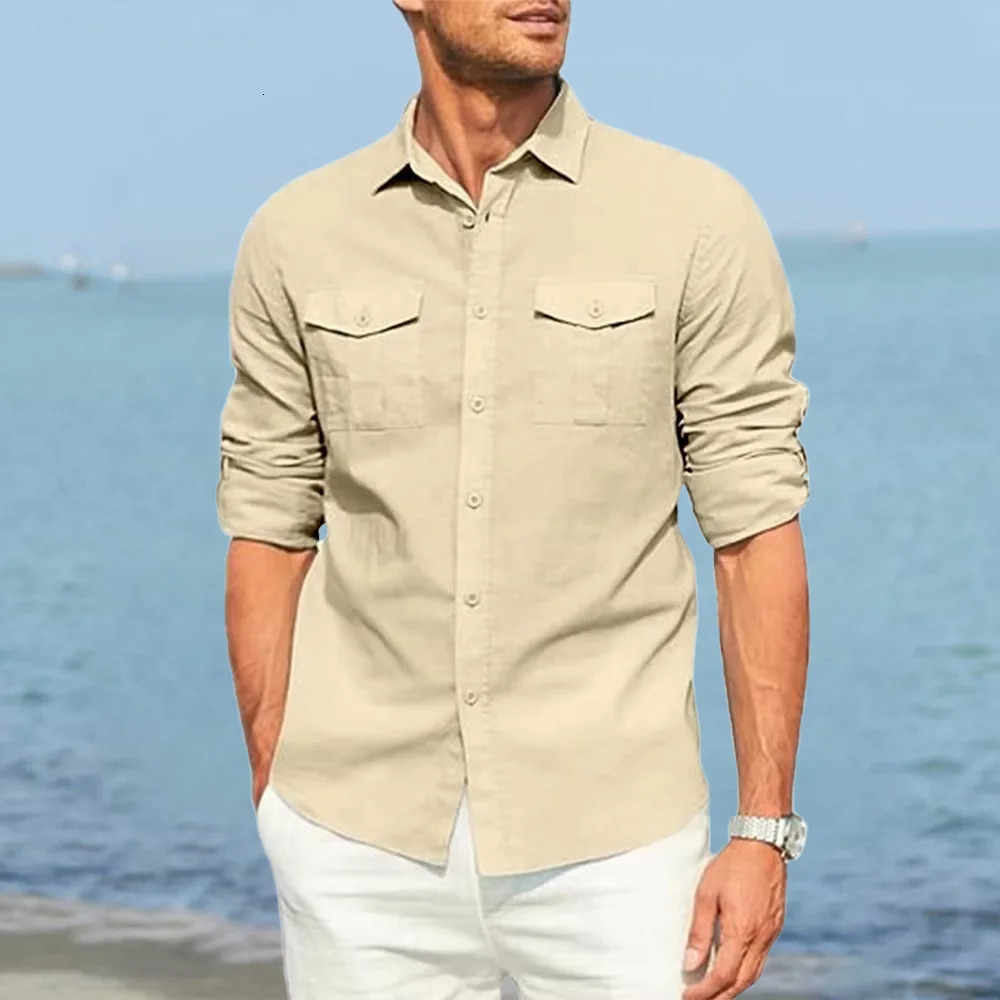 Autumn mens solid color double pocket cotton linen long sleeved lapel shirt casual Dailywear classic cargo 250506Z