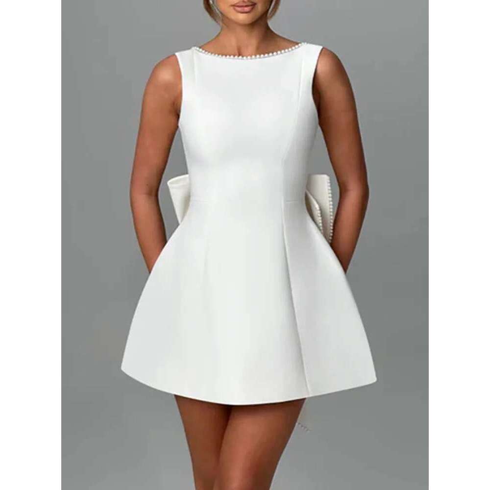 2025 New Spring Summer Dresses Chic Birthday Evening Y2K Elegant Pearl Solid Bow Backless Short Women Sleeveless Mini Dress