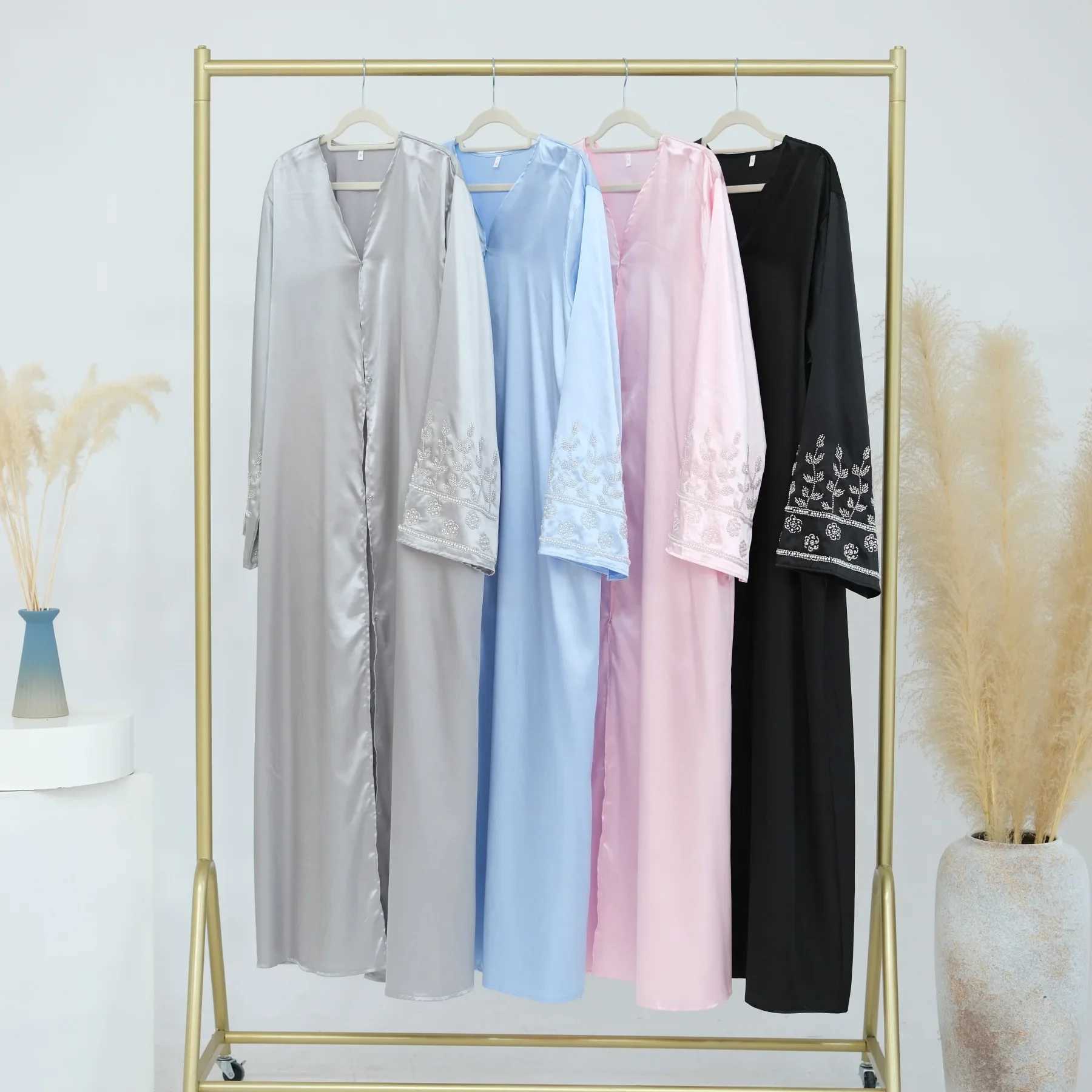 Ramadan Beads Abayas for Women Muslim Satin Maxi Dress Dubai Kaftan Turkey Robe Islam Clothing Eid Kimono Cardigan Ka Abaya X250514