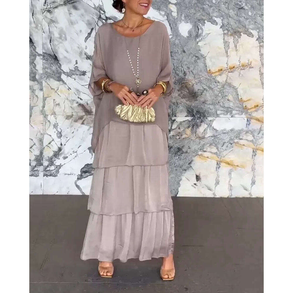 Women Clothes Dress Fashion New Chiffon Mesh Bat Sleeves Round Neck Long Dress KQ