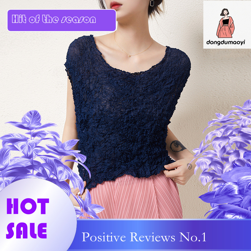 dongdumaoyi Wrinkled short sleeved top, women's bag sleeves, round neck, summer new style, loose design, thin and slightly transparent T-shirt, c