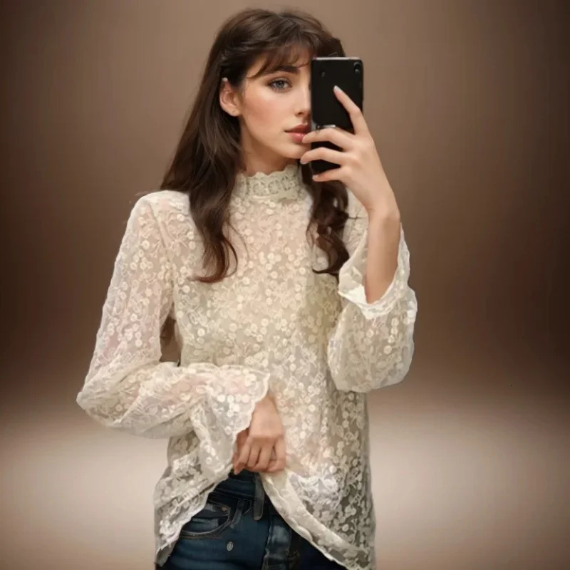 Long Sleeve See Through Stand Collar Hollow Out Lace Women Blouse Fashion Summer Elegant Shirt Spring Flare Tops 250514