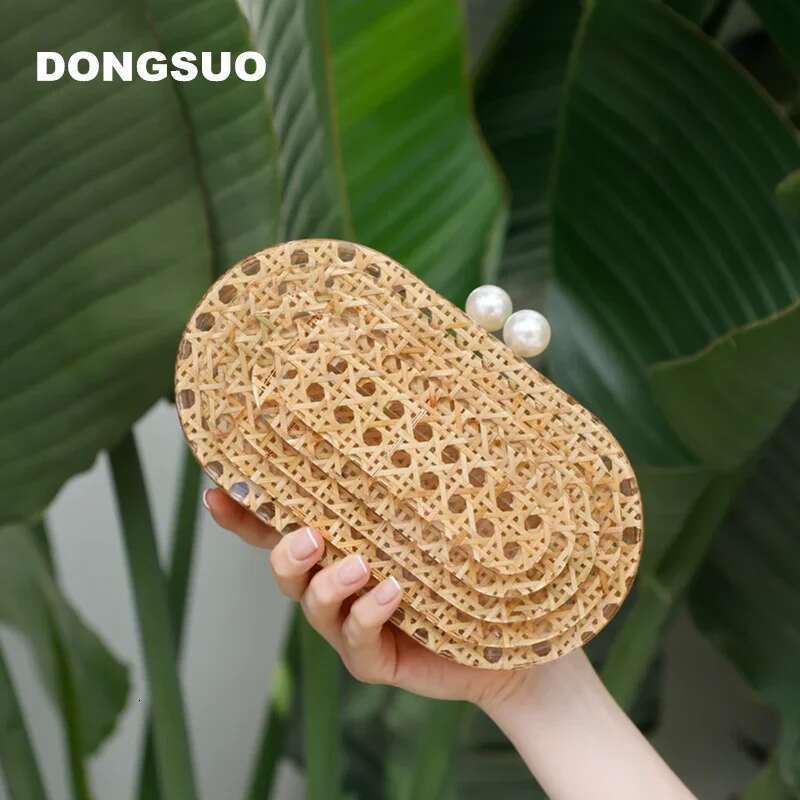 Women Acrylic Egg Cane Bag Rattan Clutch Bag For Wedding Party Purse Summer Beach Wicker Handbag Designer New