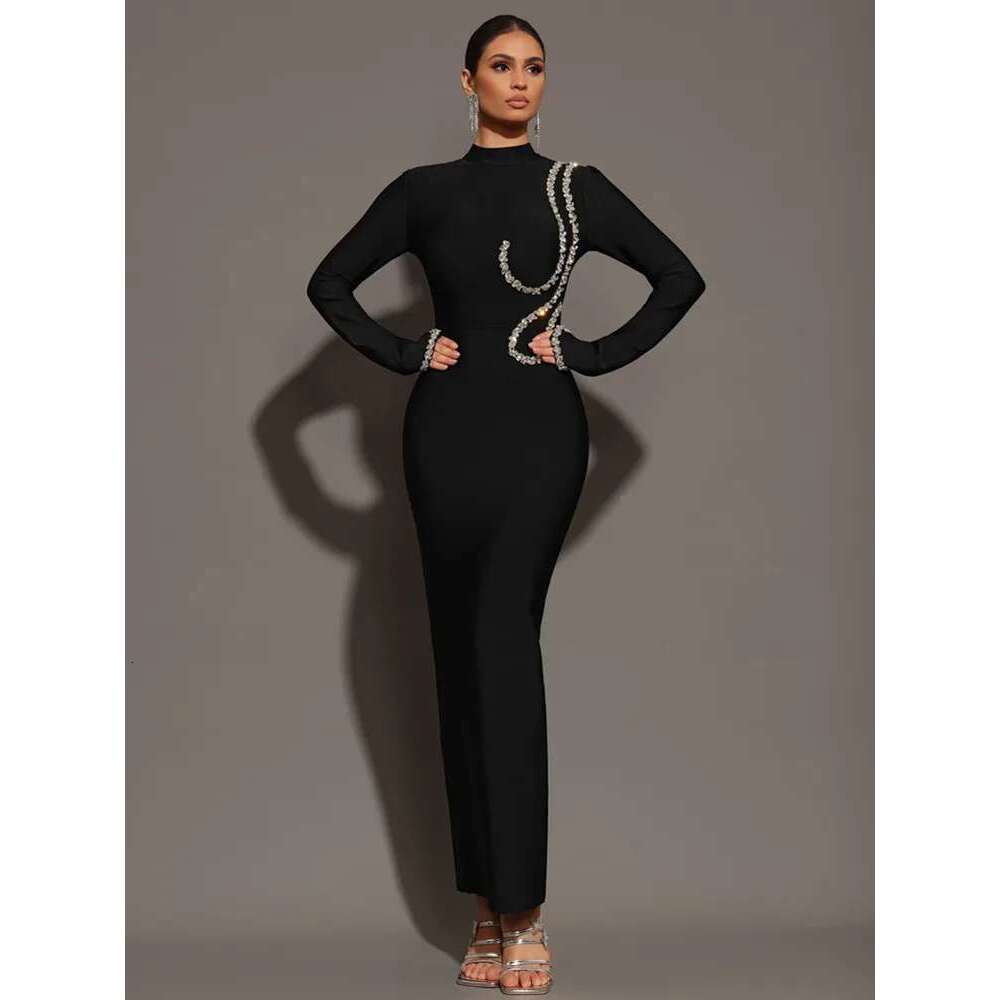 Women Celebrity Sexy Sleeve Dias Black Maxi Long Bodycon Bandage Dress Knitted Elegant Evening Club Party Outfit