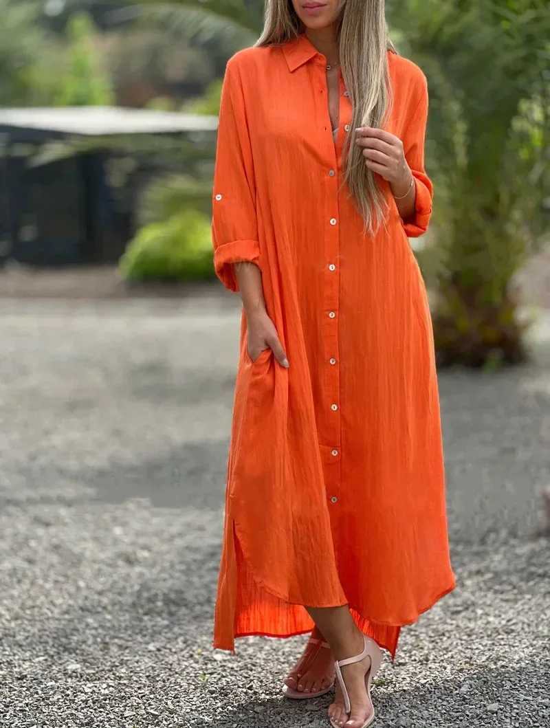 2025 Spring Cotton Linen Women Long Dress White Solid Pocket Oversize Shirt Dresses Female Casual Fashion Loose Clothes LadiesXJ250514
