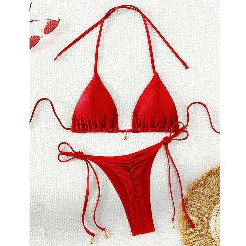 2 Pcs/Set Bikini Sexy Bikinis Bathing Suit Solid Color Halter Neck Strap Thong Women Swimsuit Set for Beach Swimwear