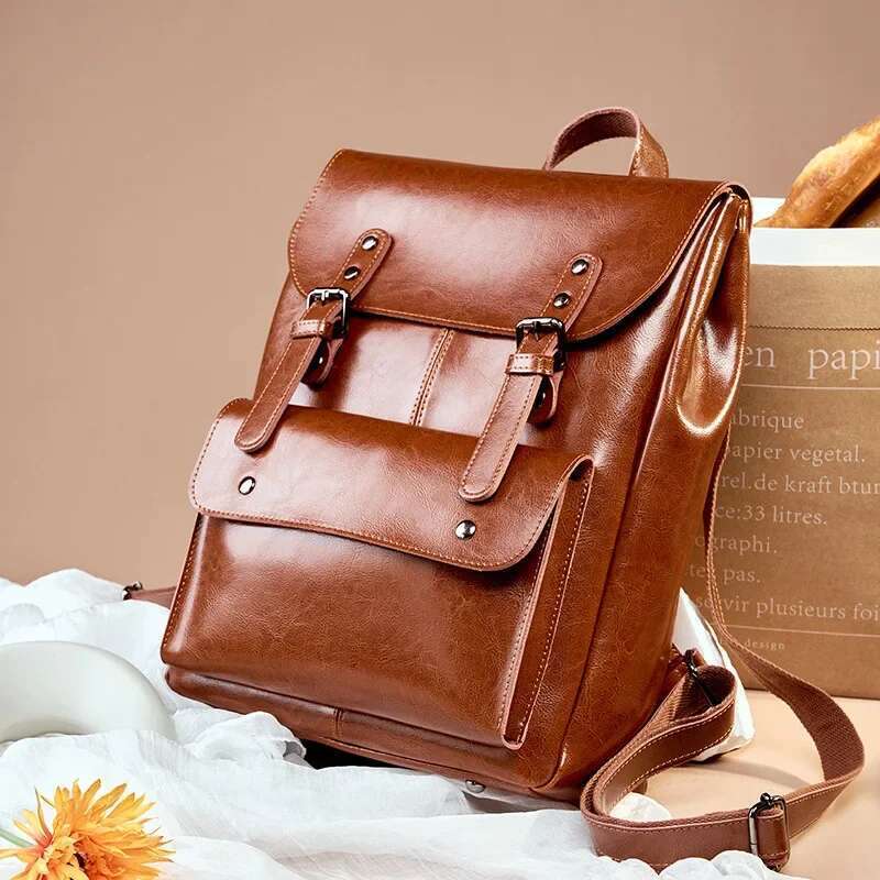 Women's Genuine Leather British Style Retro Fashion Backpacks Wearable Cowhide Computer Backpack 14 Inch Large Capacity
