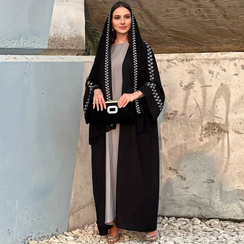 2025 New Fashion buckle embroidered Abaya headscarf dress kimono jacket womens long slved loose Arab Muslim Dubai Moroccan X250514