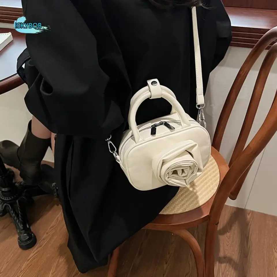 Portable PU Leather Rose Flower Bowling Bag Single Shoder Y2K Sier Handbag Purse Korean Style PU Crossbody Bag Travel Z250514