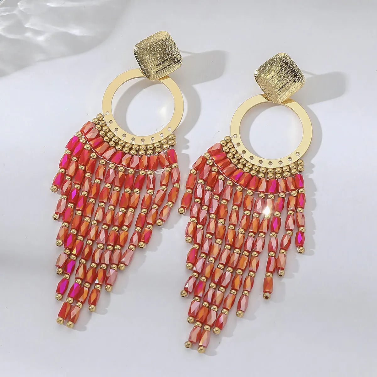Bohemian Ethnic Crystal Beads Long Tassel Earrings for Women Vintage Elegant Geometric Metal Drop Earrings Handmade Jewelry Gift 250514