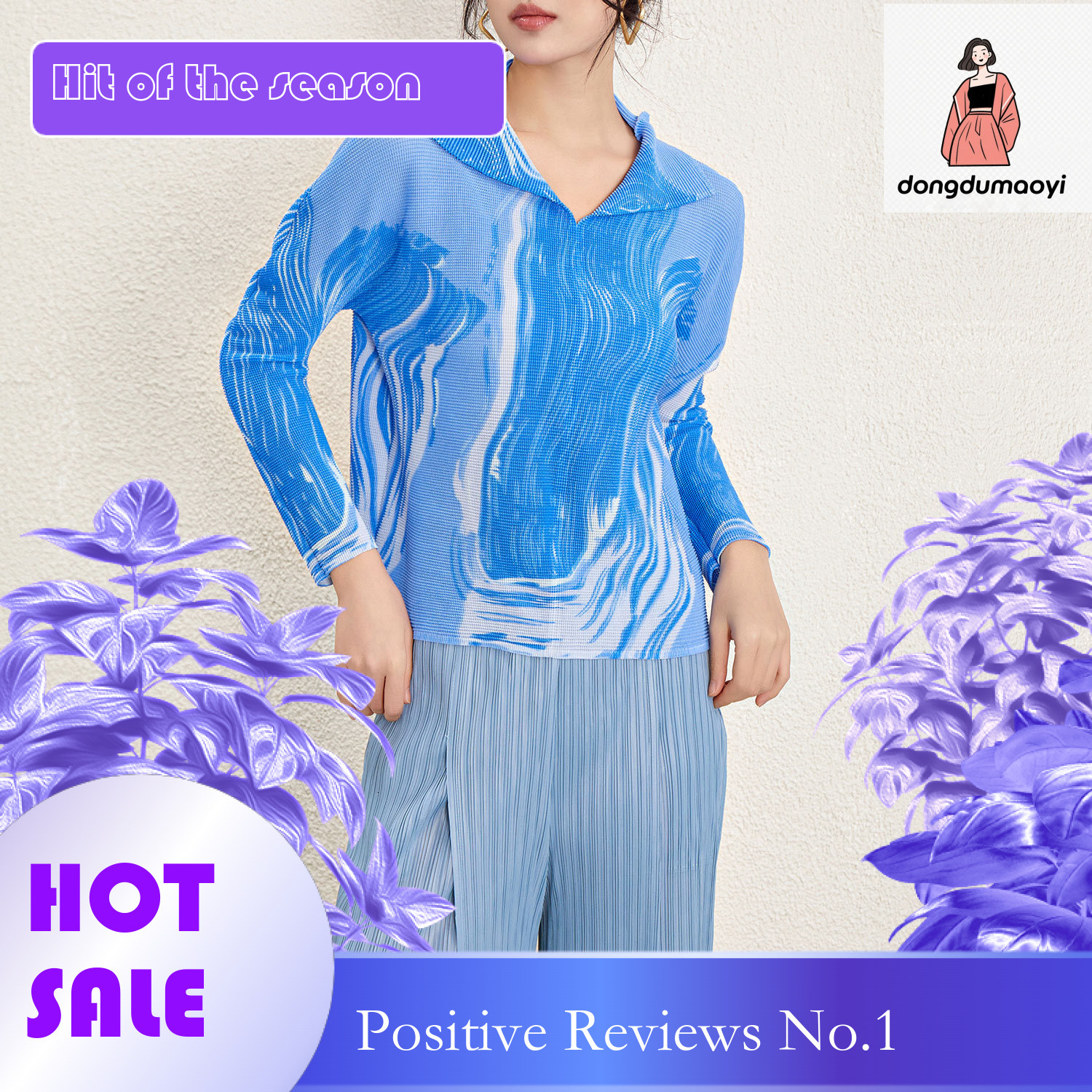 dongdumaoyi Miyake printed top 2024 spring women's clothing new pleated commuting loose casual slimming long sleeved T-shirt