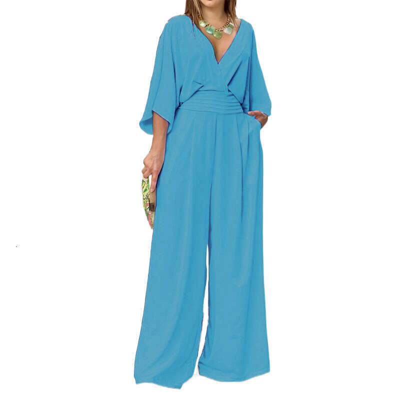 2025 Winter Elegant Clothing Womens Fashion Solid Color Ins Short Sleeve Casual V-neck Jumpsuit Fashionable Leisure and Leisure Printing