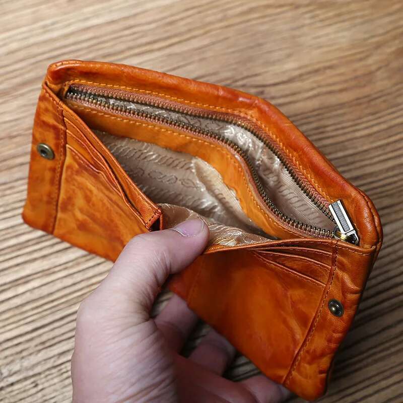 NZPJ Male Retro Female Short First Layer Cowhide Vertical Wallet Vegetable Tanned Leather Bank Card Holder