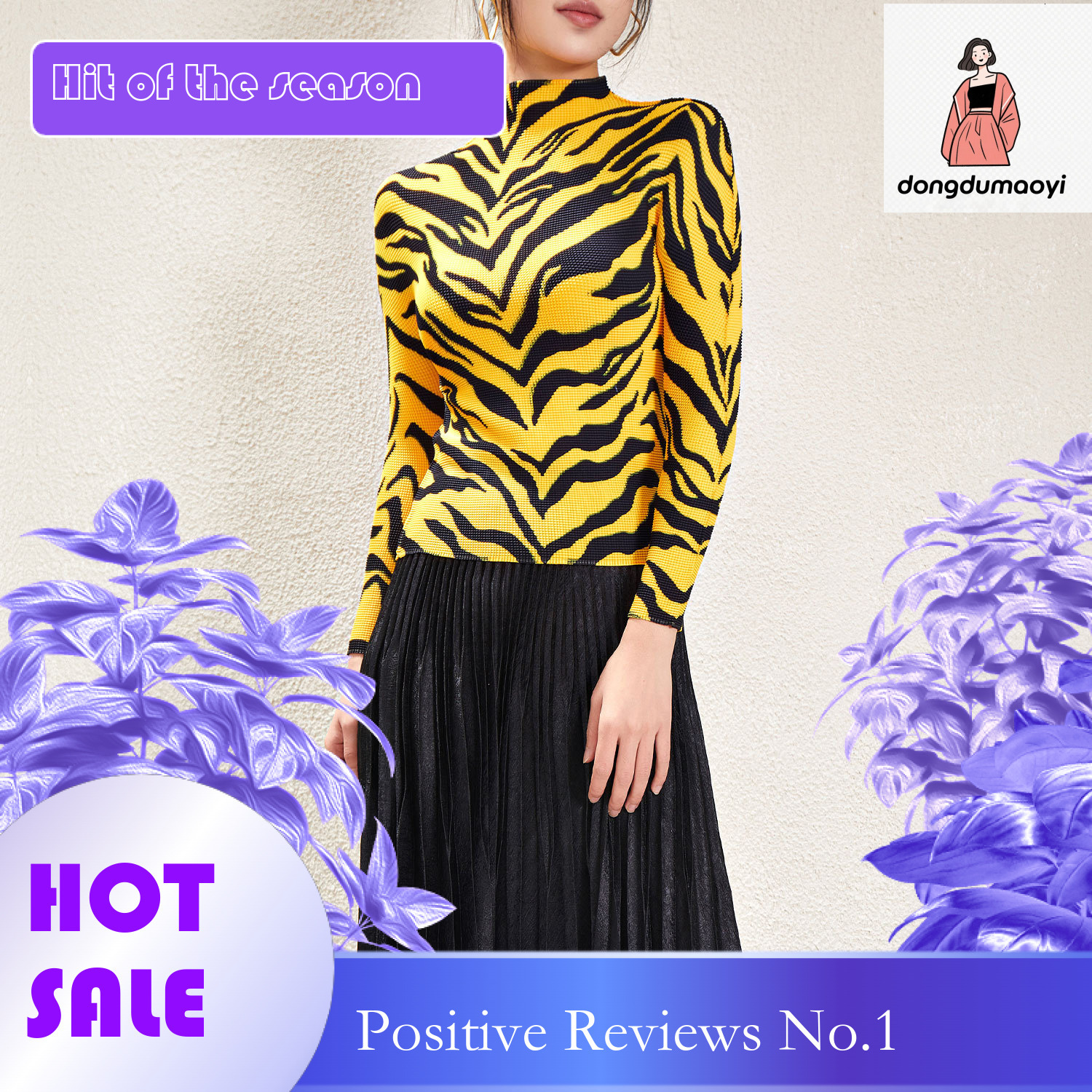 dongdumaoyi Miyake style semi high neck base shirt for women 2024 spring new T-shirt slim fit with fashionable pleated zebra print top