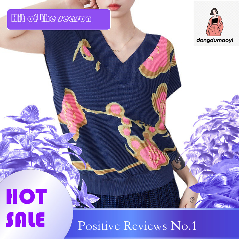 dongdumaoyi Miyake Autumn Costume Art New Style Wrinkle Printed V-neck Knitted Shirt, Vest, Women's Slimming Cover, Top