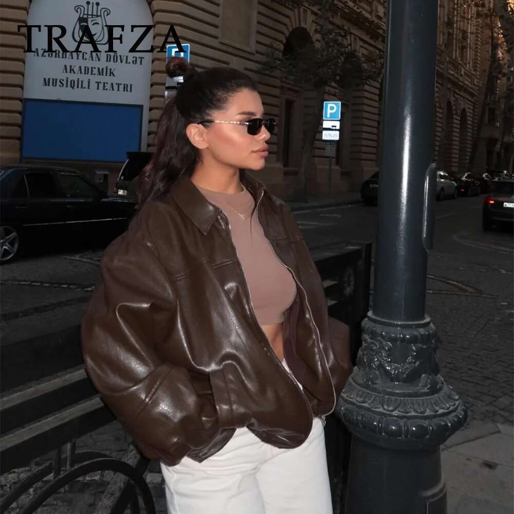 TRAFZA 2024 Autumn Winter Streetwear Faux Leather Women Jackets Fashion Vintage Spliced Zipper Turn Down Collar Chic Lady Jacket Designer