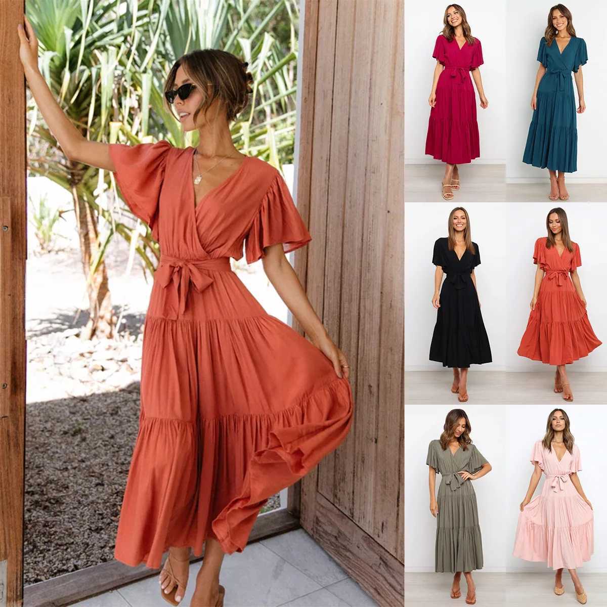 Trendy Solid Color Ruffles Long Dresses Women Sexy V-neck Ruffle Sleeves Leace-up Temperament Elegant Lady Dress 2024 Summer NewXJ250514