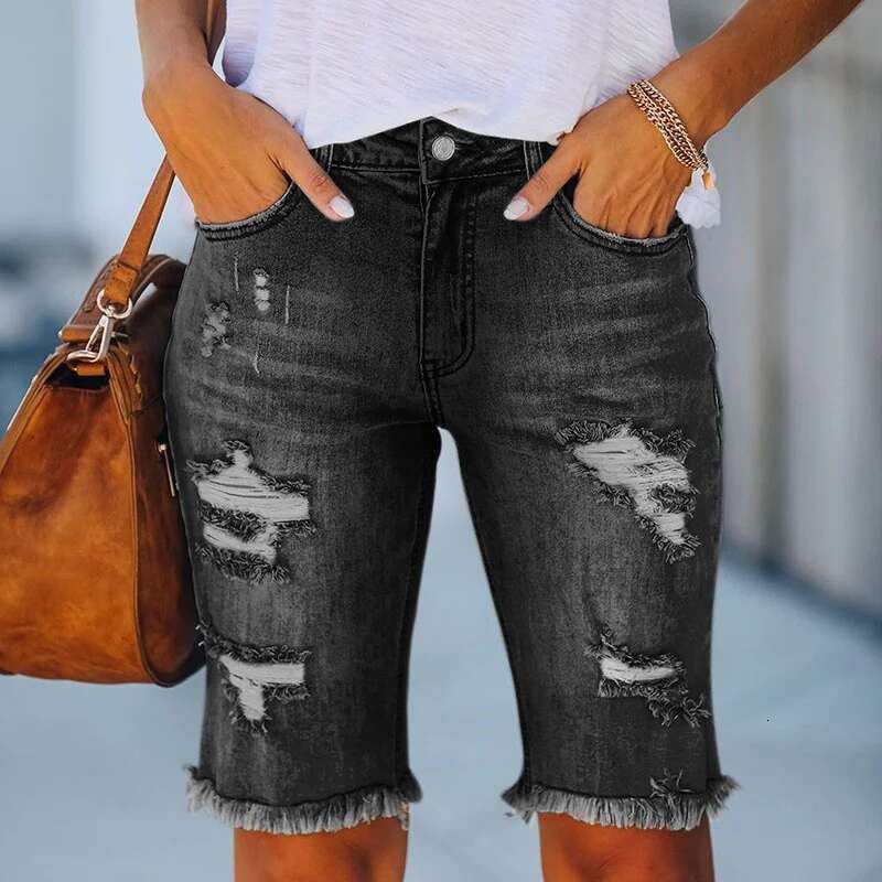 New Cycling Denim Women Fashion Ripped Tassel Tight Five-Point Shorts Washed Sexy Female Summer Thin Short Jeans