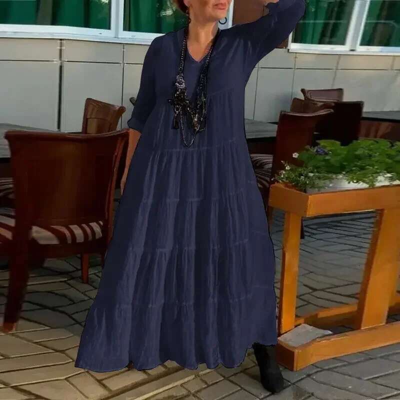 Women's loose elegant sleeved V-neck casual long solid color dress cake skirt autumn plus size
