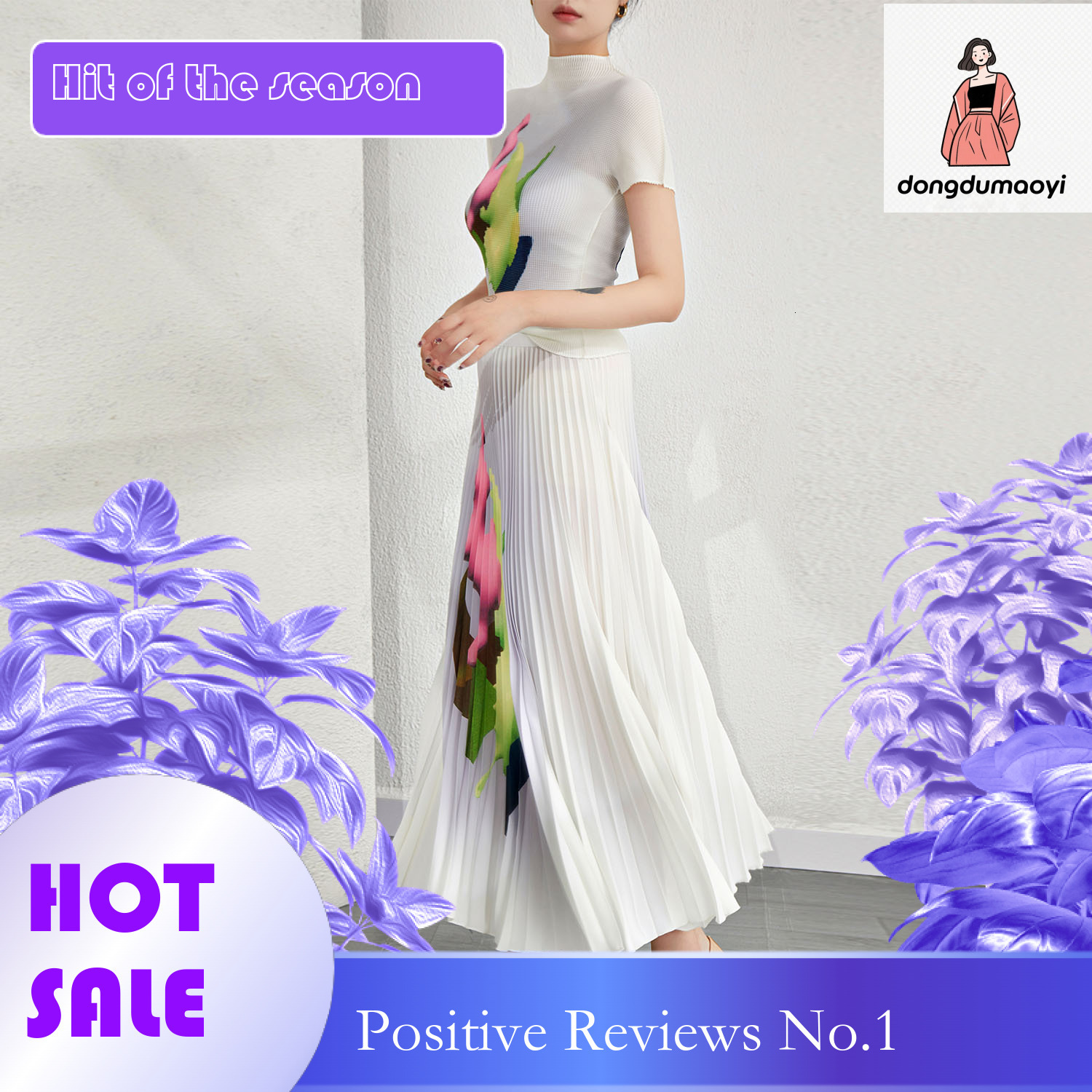 dongdumaoyi European high-end fashion casual pleated for women's 2024 summer new printed T-shirt, half skirt two-piece set