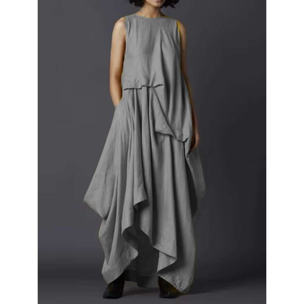 Women's Tank Pleated Pockets Vintage Asymmetric Hem Long Solid Minimalist Casual Round Neck Summer Female Dress
