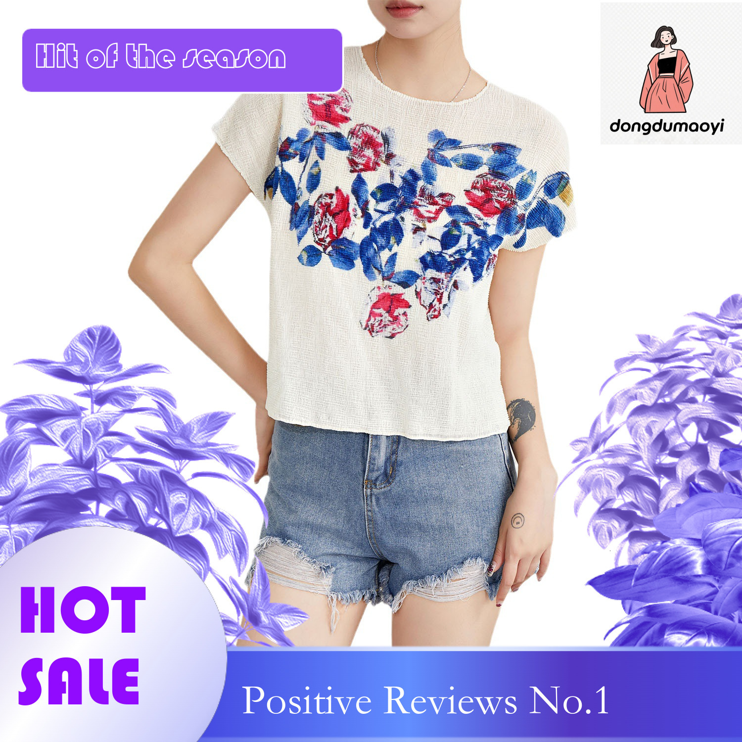 dongdumaoyi Fashionable pleated printed T-shirt 2024 summer new top bat sleeve round neck pullover loose and versatile short sleeved shirt