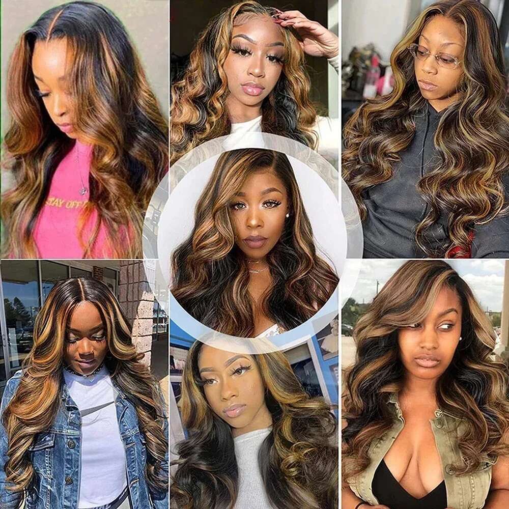Brown Body Wave 13X4 13X6 Synthetic Front Wigs 30 Inch Green Highlight Colored Glueless Lace Wig For Black Women