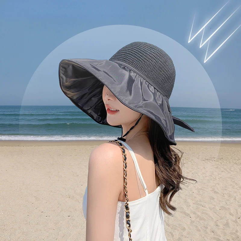 Summer Sun hat womens straw woven anti ultraviolet sun visor hat with big brim seaside black glue breathable Bucket hat sun hat 250514