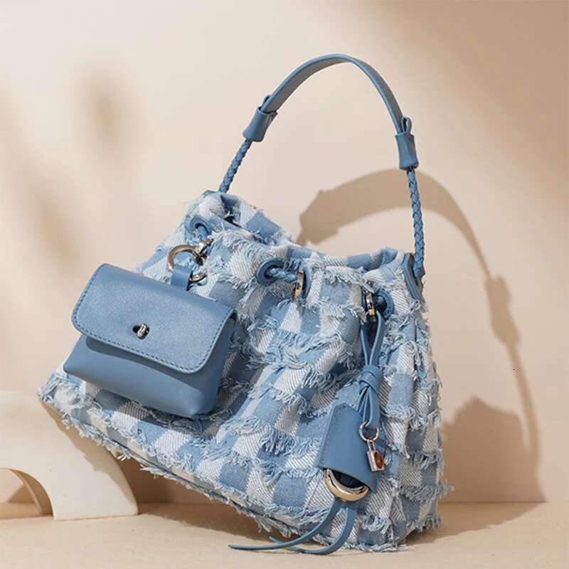 New Denim Series Women Shoulder Brand Tassel Design Cloud Bucket Bag Color Matching Multifunctional Messengerbag With Wallet