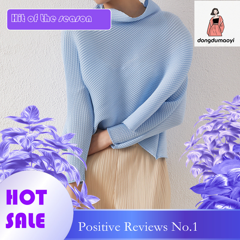 dongdumaoyi Miyake 2023 autumn winter new item slimming and stylish ins semi high neck pleated design solid color long sleeved T-shirt top for women
