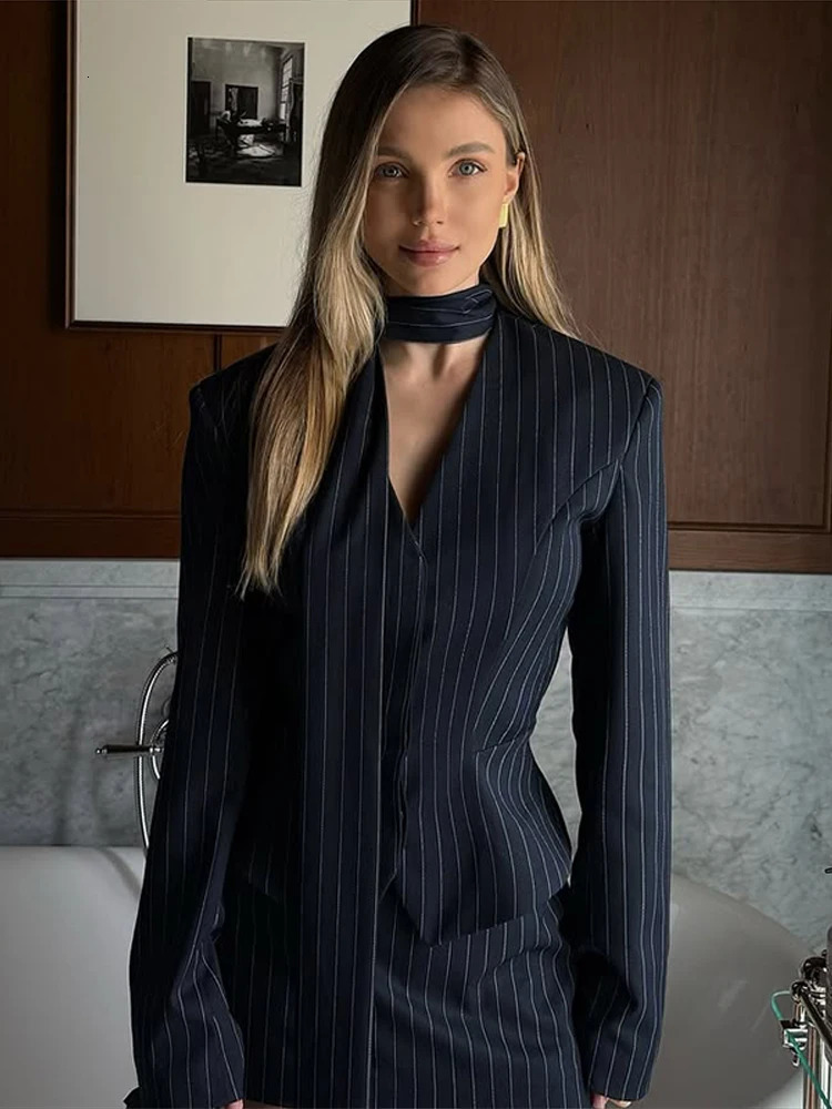 Striped Vneck Jackets Mini Skirt Set Women Vintage Single Breasted Jacket With Ribbon Slim Skirts Females Sets Chic Streetwear 250514