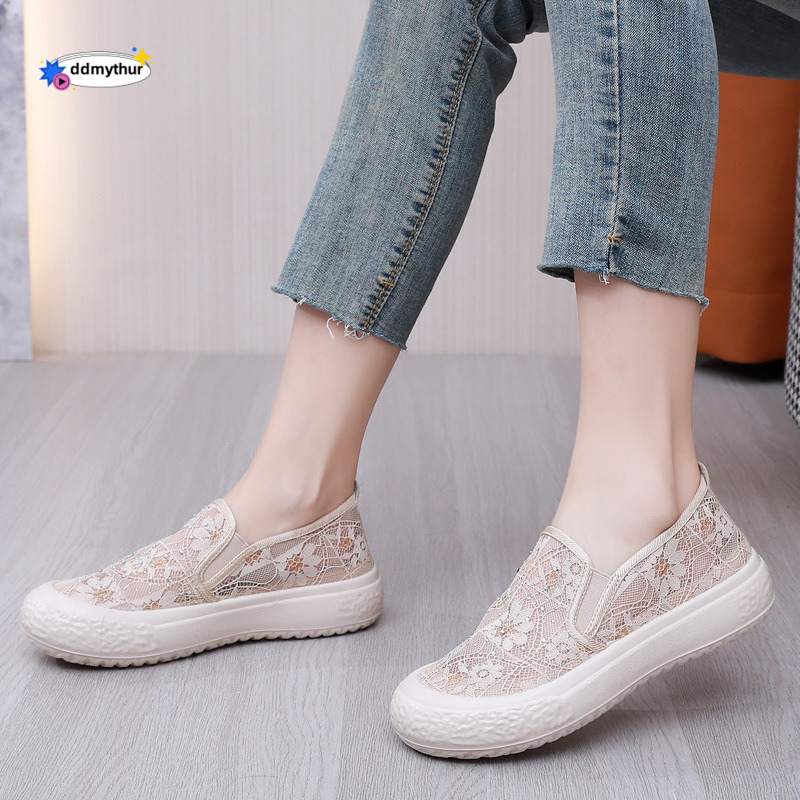 Thick soled fisherman spring and summer new breathable lace mesh singles lazy one foot casual women's shoes, trendy ddmythur