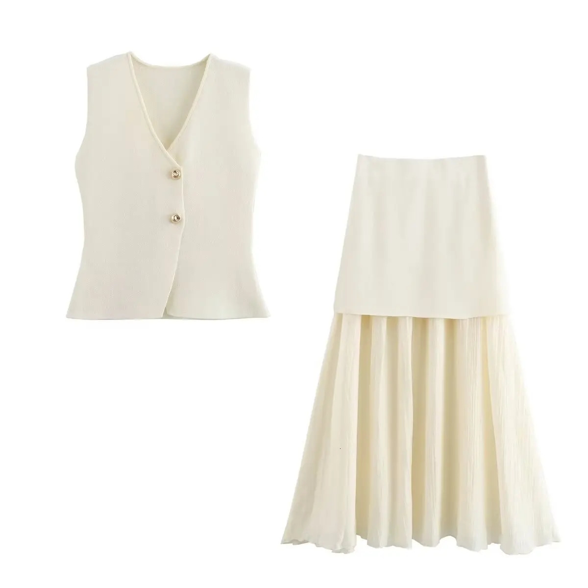 4 Color Women 2 Piece Skirt Set VNeck Sleeveless Knitted Vest TopElegant Splicing High Waist Zipper Long Skirts Holiday Suits 250514