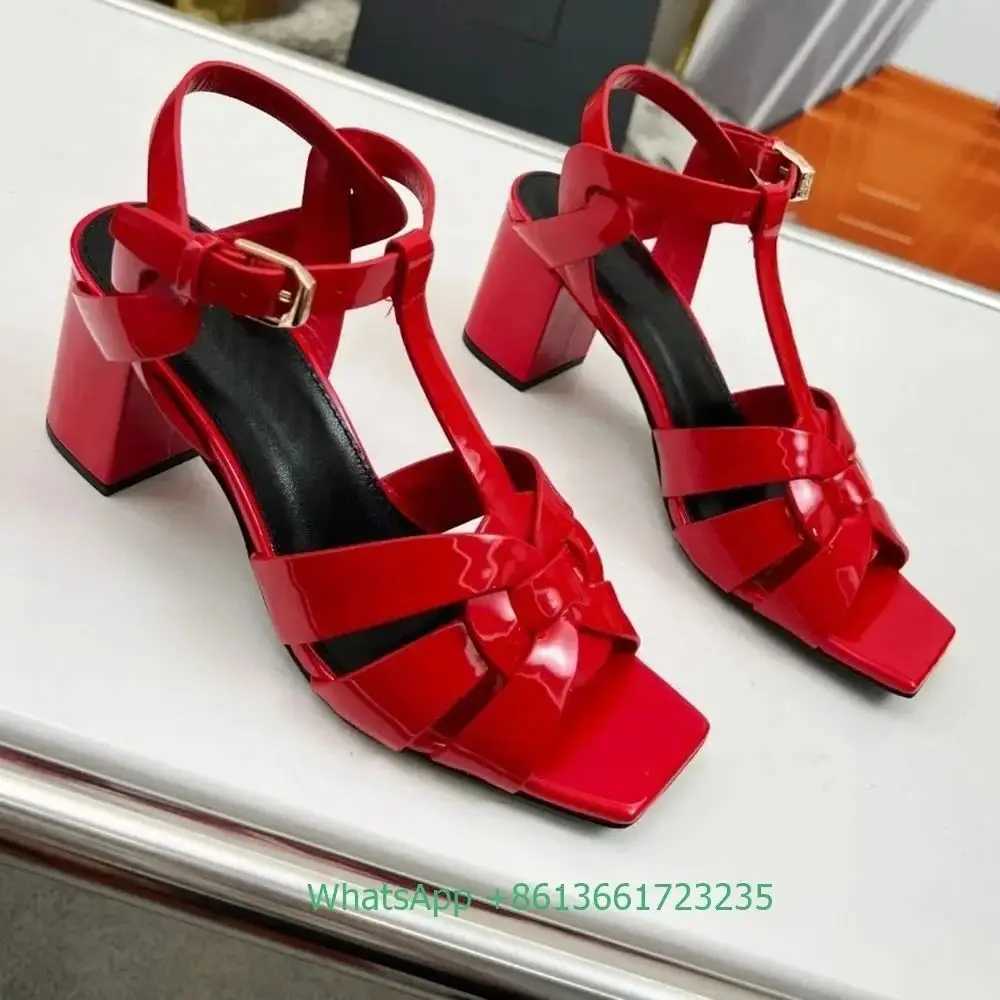 Cross Straps Square Toe Chunky Heel Sandals Solid Color Open Toe Real Patent Leather 6.5Cm Heels 2025 Newest Summer Sandals W250514