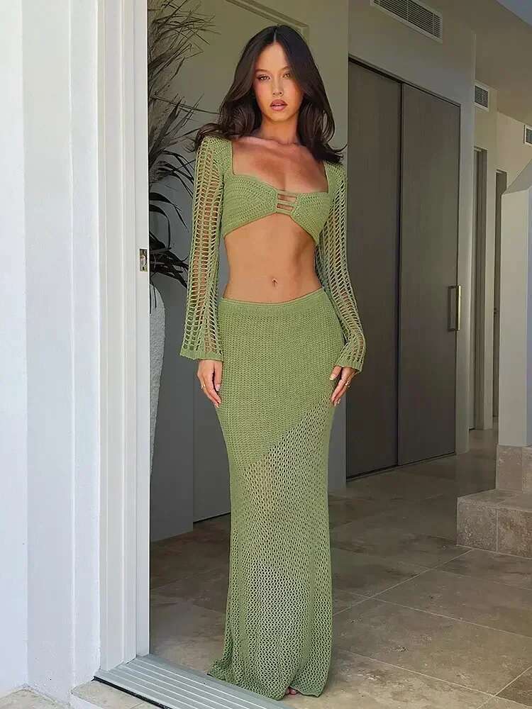 White Crochet 2 Piece Cut Out Sleeve Backless Tie Up Top Long Skirt Set Club Knit Beach Dress Outfit Bikini Cover-Ups A1882