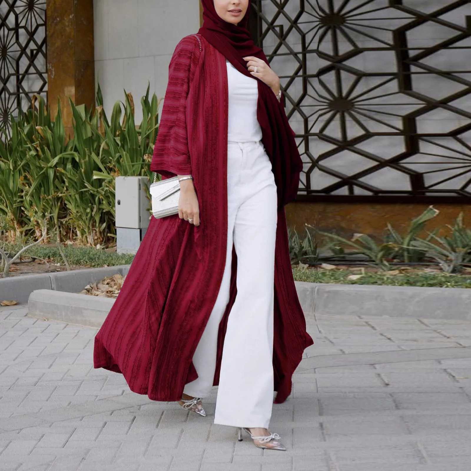 2025 New Fashion Muslim Kimono Abaya Solid Striped Retro Ethnic Cardigan Robe Dubai Middle Eastern Saudi Arabia Eid Clothes X250514