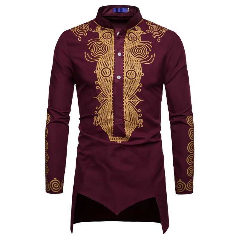 Mid Length Mens Shirt Muslim Mens Clothing Gilded Printed Standing Collar White Shirt X250514