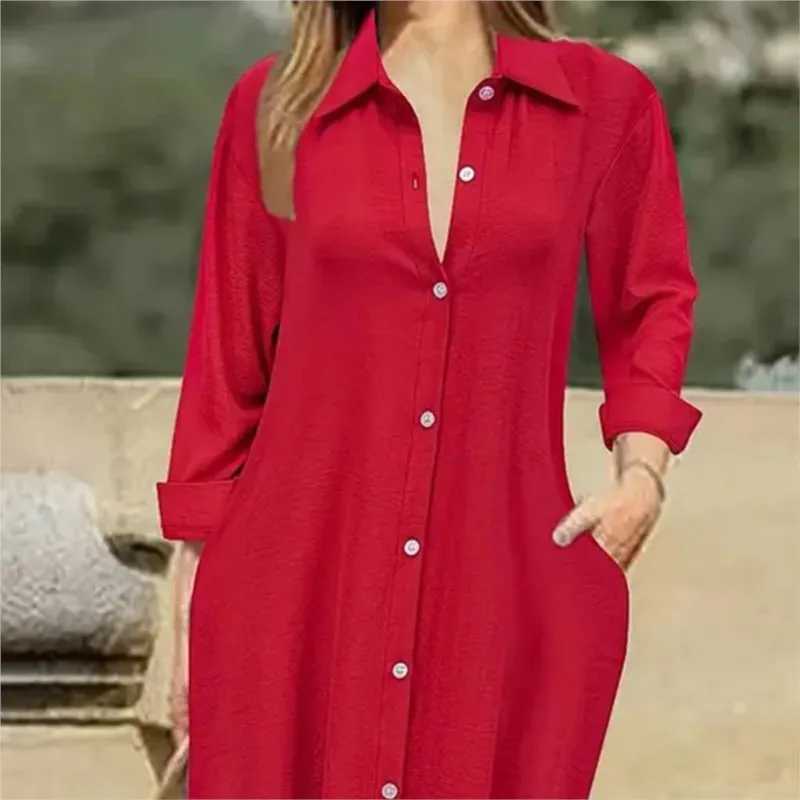 Womens Blouses Maxi Boho Dress Spring Fall Elegant Fashion V-neck Pockets White Long Shirt Dresses For Women Robe Femme VestidosXJ250514