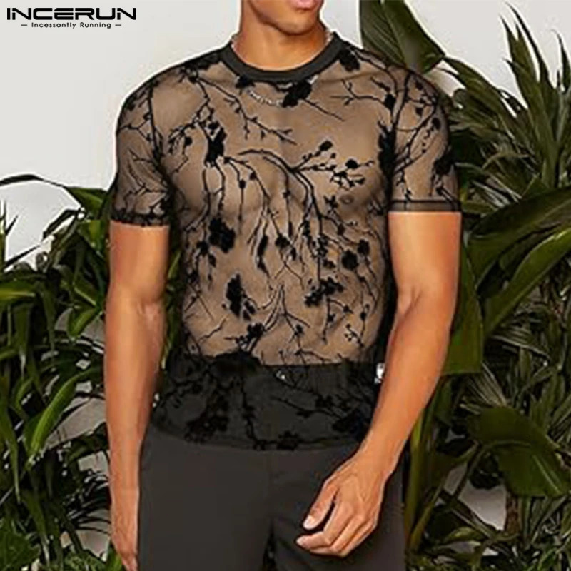 Men T Shirt Mesh Striped O-neck Short Sleeve Transparent Men Clothing Streetwear Sexy Korean Fashion Tee Tops S-5XL INCERUN 250513