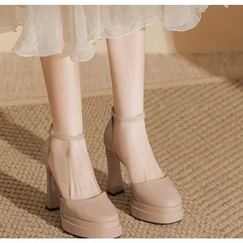 French waterproof platform high heels womens summer one-line buckle patent leather thick heel shoes 11cm apricot tall sandals W250514
