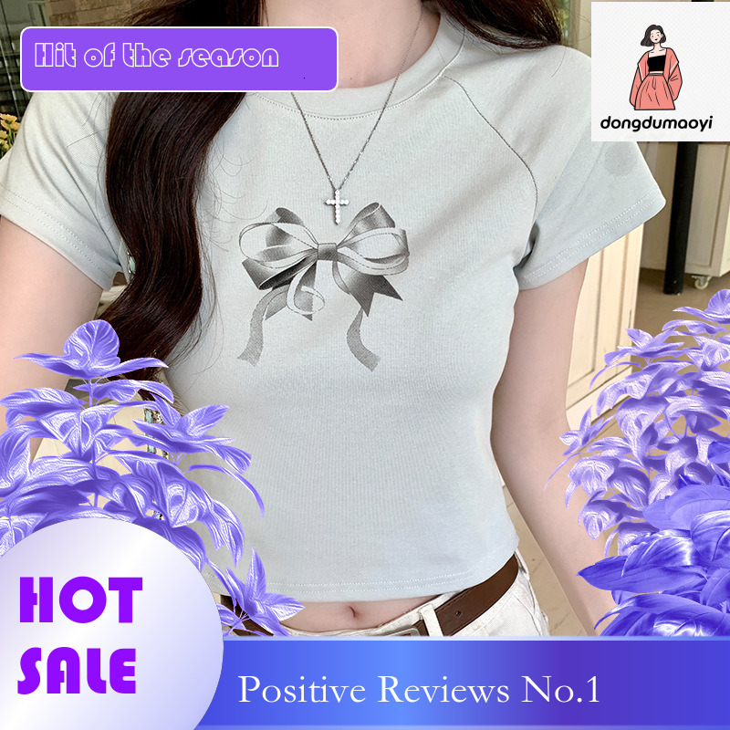 dongdumaoyi Bow print sleeved t-shirt for women's summer 2025 new design, niche round neck tight fitting short top trend