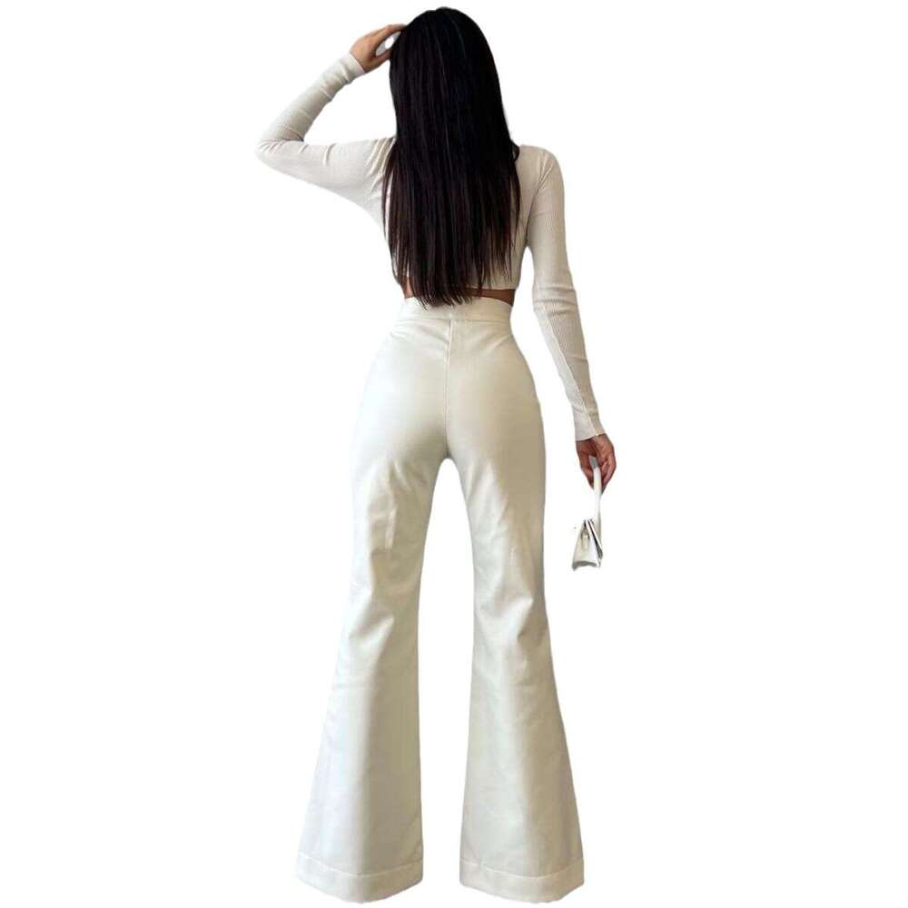 Women Pants 2025 Autumn Winter Fashionable and Sexy High Waisted Flared Leather Pants Womens Pants Hot Style Solid Color Printing All-match Model